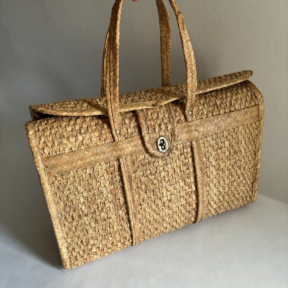Handbags - Extra Large Vintage Hand Woven Straw/Palm Leaf Weekender Beach Tote Bag